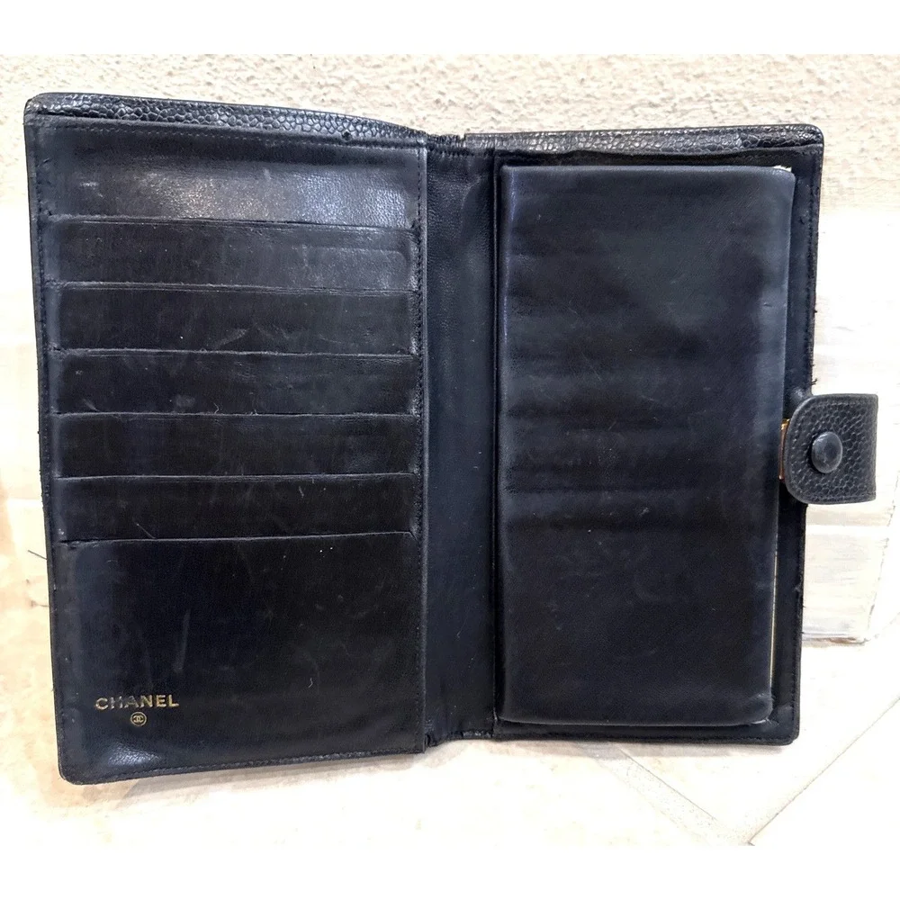 Chanel CC Logo Caviar Leather Bifold Wallet Black Gold Kiss Lock France*AS‎ IS